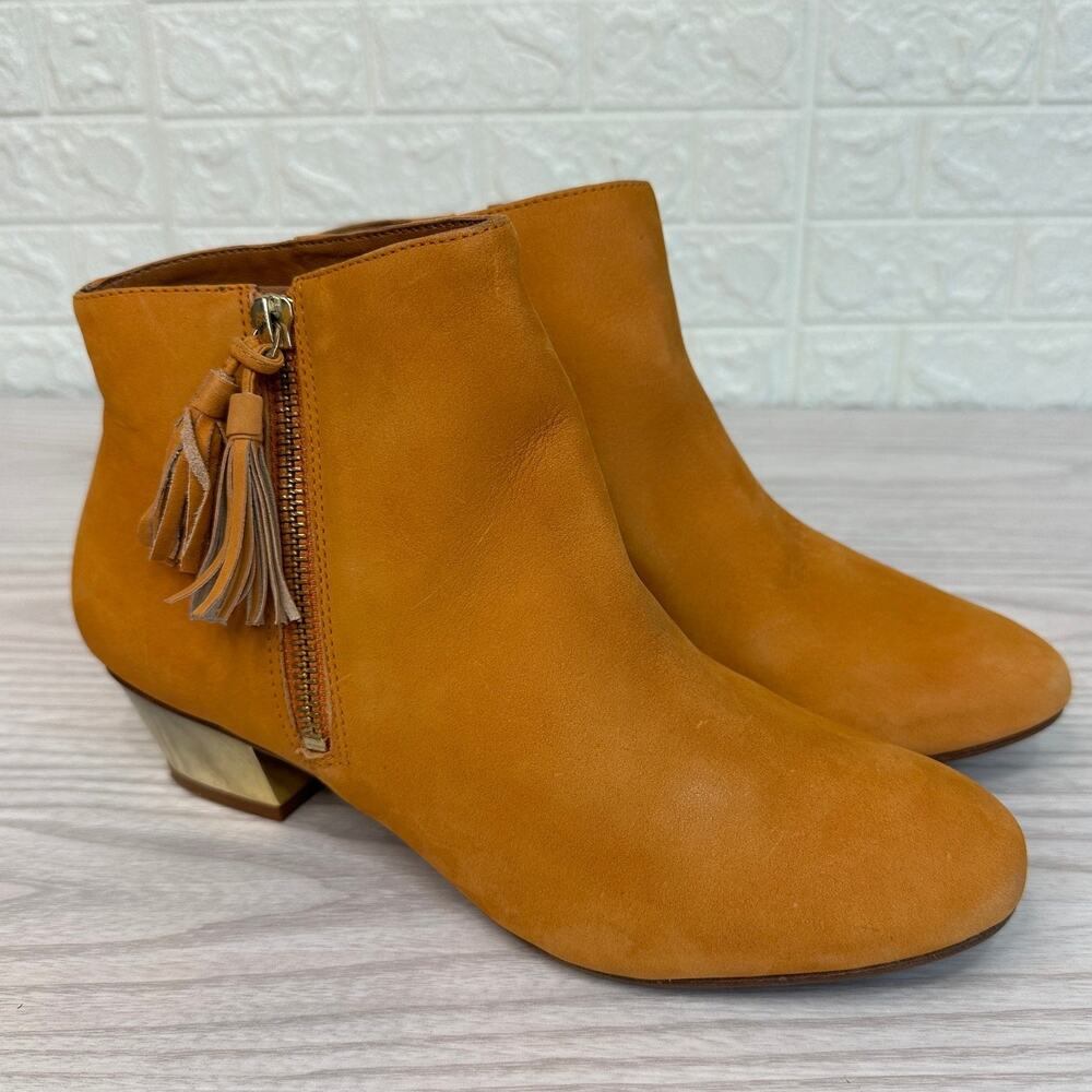 Schutz Suede Ankle Bootie WMNS 7B Orange Tassel Zip Closure Leather Block Heels